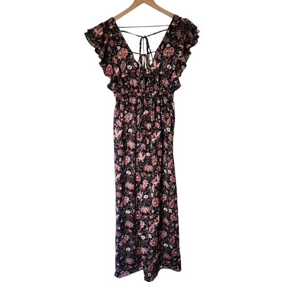 NWT Madewell Deep-V Ruffle Wide Leg Jumpsuit in Pampas Blooms Black Brown Sz. S - Picture 6 of 12